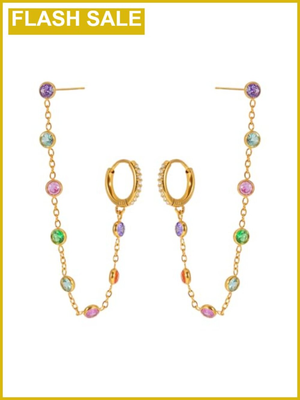 Titanium Steel Gold Plated Double Piercing Ear Cuff Chain Dangle CZ Stud